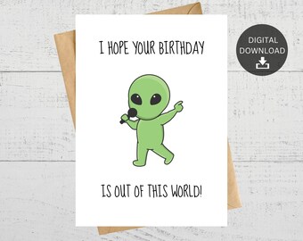 Tarjeta de cumpleaños alienígena, felicitación espacial imprimible (descarga digital)