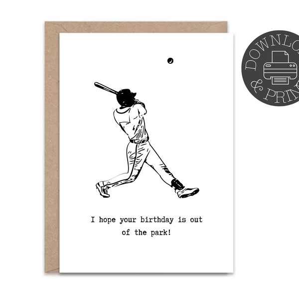 Printable Baseball Birthday Card For Him, Hope Your Birthday Is Out Of The Park, Funny Card For Baseball Lovers, Instant Digital Download