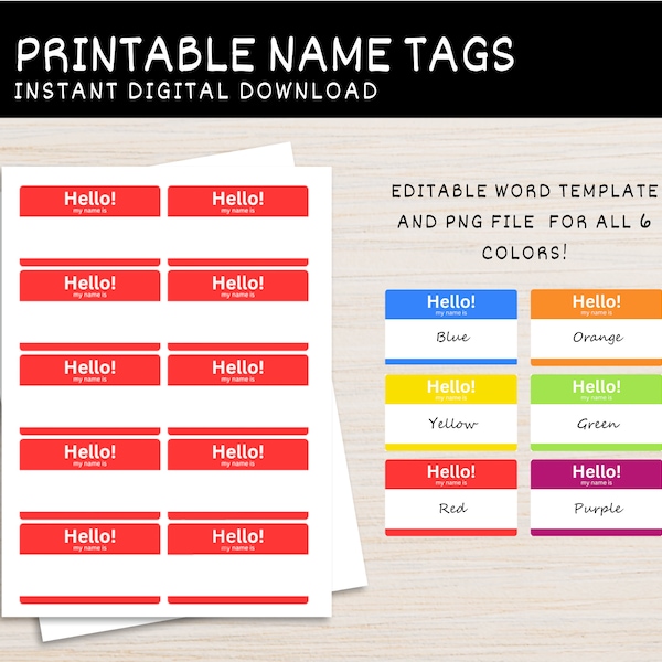 Hello My Name Is Printable Name Tag, 6 Colors, 2.5 x 3 inches, Editable Word Template and PNG Per Color Included, Instant Digital Download
