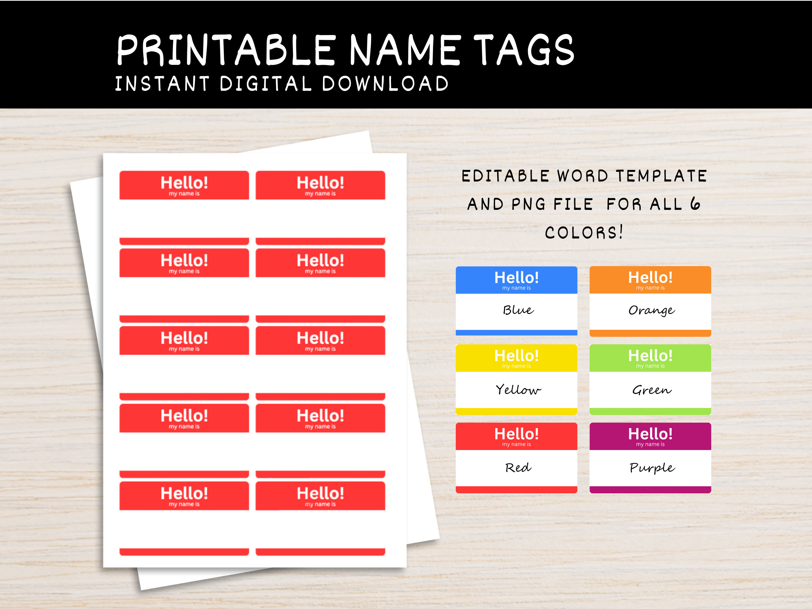 hello my name is printable name tag, 6 colors, 2.5 x 3 inches