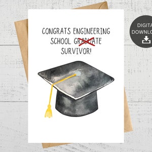 Felicitaciones al sobreviviente de la escuela de ingeniería, tarjeta de graduación imprimible divertida, para graduados de estudiantes de ingeniería, descarga digital instantánea