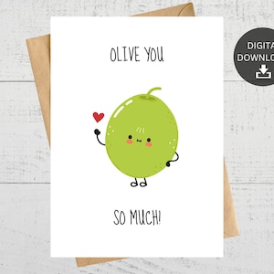 Olive You So Much, tarjeta de aniversario de juego de palabras imprimible, tarjeta divertida de juego de palabras de oliva, tarjeta linda para parejas, descarga digital instantánea