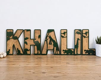 Safari Jungle Animal Alphabet Letters – Layered Wooden Nursery Wall Decor – Jungle Themed ABC Kids Room – Personalized Baby Shower Gift