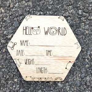 Wooden Baby Birth Announcement Sign – Hello World Animal Theme – Personalized Newborn Stats Plaque – Baby Shower Gift – Photo Prop Keepsake