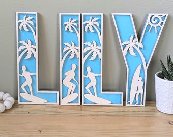Tropical Beach-Themed Wooden Letters – Custom Laser Cut Surf Decor with Palm Trees & Hibiscus | Personalized Coastal Nursery Wall Art