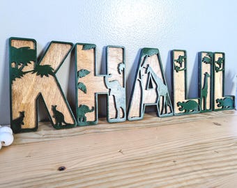 Safari Jungle Animal Alphabet Letters – Layered Wooden Nursery Wall Decor – Jungle Themed ABC Kids Room – Personalized Baby Shower Gift