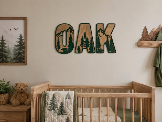 Rustic Mountain Letter Decor – Personalized Laser Cut Wood Name Sign – Forest & Cabin Wall Art – Nursery or Adventure Home Gift