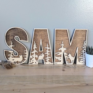 Personalized Wooden Name Sign with Forest Tree Design - Custom 3D Layered Wood Letters for Nursery, Kids Room, Rustic Wall Decor, Gift Idea