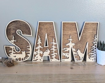 Personalized Wooden Name Sign with Forest Tree Design - Custom 3D Layered Wood Letters for Nursery, Kids Room, Rustic Wall Decor, Gift Idea