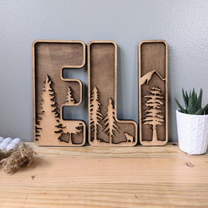 Personalized Wooden Name Sign with Forest Tree Design - Custom 3D Layered Wood Letters for Nursery, Kids Room, Rustic Wall Decor, Gift Idea