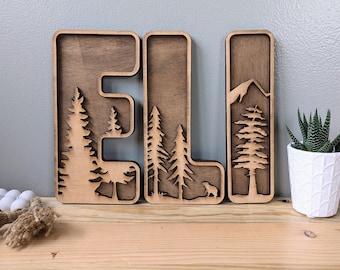 Personalized Wooden Name Sign with Forest Tree Design - Custom 3D Layered Wood Letters for Nursery, Kids Room, Rustic Wall Decor, Gift Idea