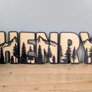 Personalized Mountain Forest Name Sign – Rustic Laser Cut Wooden Letters – Cabin & Nursery Wall Art – Adventure Home Decor Gift