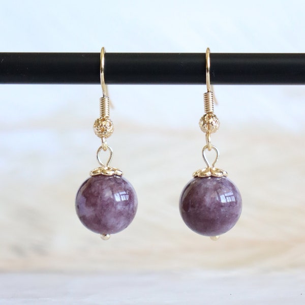 Purple LepidoliteEarrings 14k’gold plated brass Dangle Earrings with natural stone Lepidolite