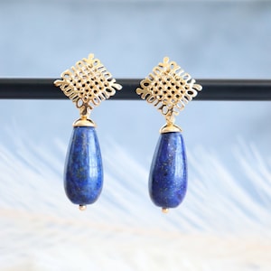 Genuine Lapis lazuli AA- Earrings 18k’gold plated bronze Earrings natural stone Lapis lazuli