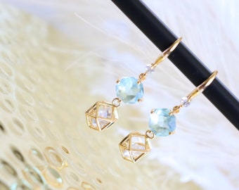 Gold plated earrings, 2 stone Zirconium Oxide earrings, chic jewel, 18k’gold plated bronze Earrings. with. baby blue & crystal grid