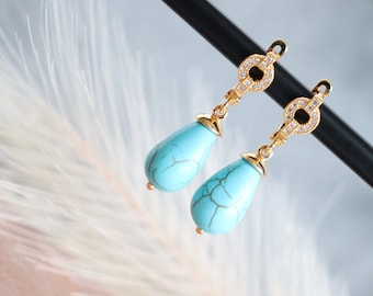 Turquoise stone Elegant. 925 Sterling silver Earrings.18k' gold plated with cubic zirconia with natural Blue Turquoise stone
