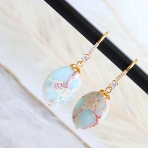 Jasper Gemstone Shoushan stone Gemstone oval Earrings 18k&#39; gold plated bronze Dangle Earrings circle zircon with Natural Shoushan stone