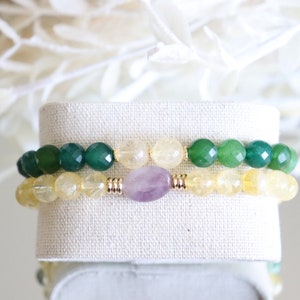 Genuine Citrine Bracelet & Dyed Quartz Green Bracelet 14k’gold plated brass spacer beads