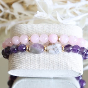 Rose Quartz & Purple Amethyst Beaded Bracelet 14k’gold plated brass spacer beads