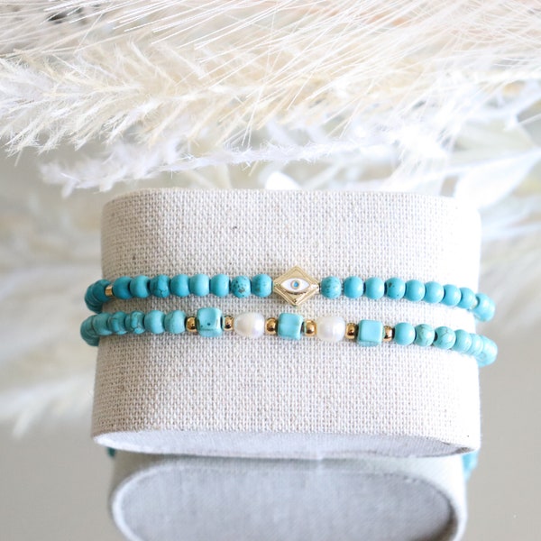 turquoise beads 4mm bracelet in mixed with natural freshwater pearl  14k'gold plated brass Spacer beads