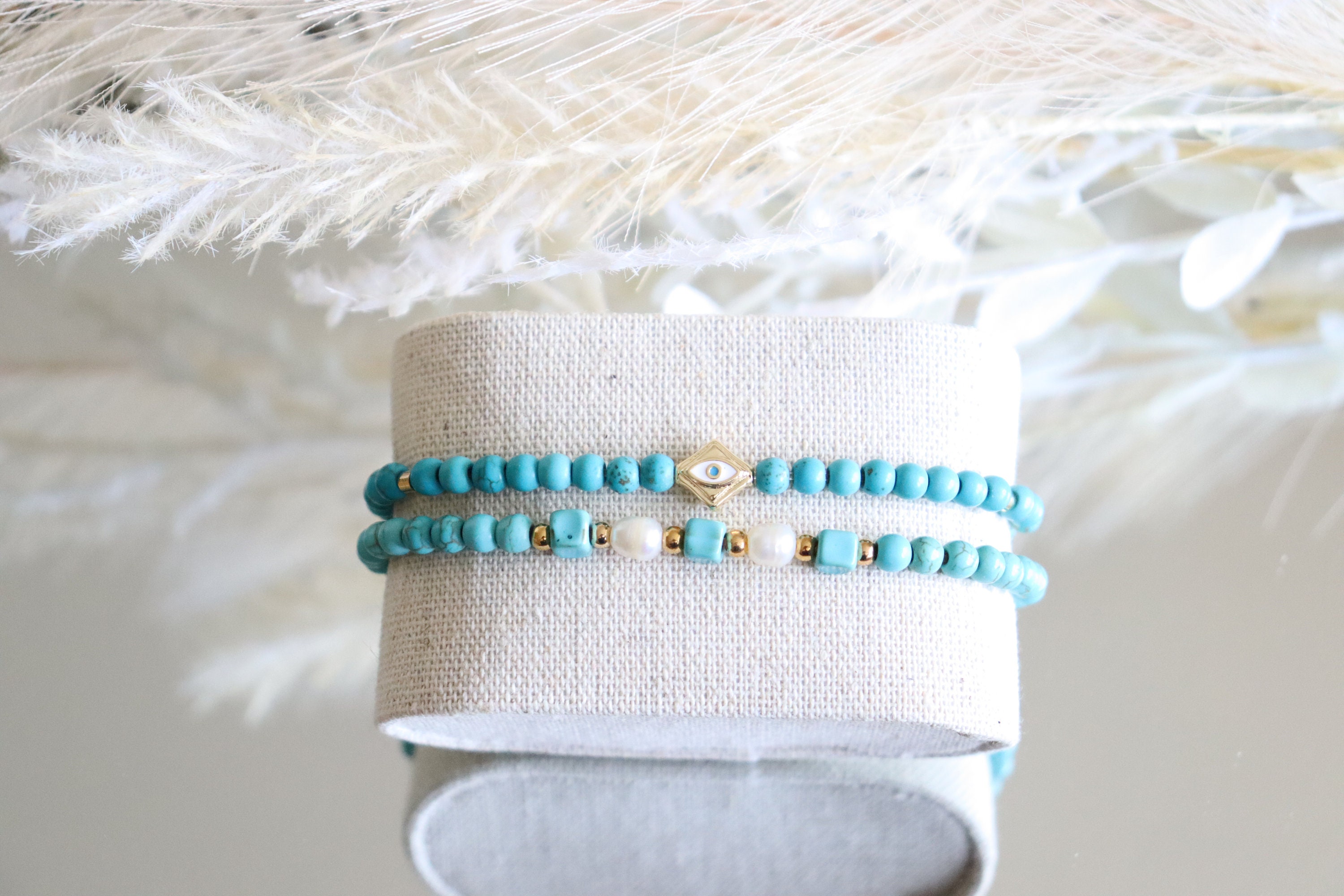 American Turquoise, Solid 18K Gold Beads and Tahitian Pearl Clasp Leather Bracelet, Unisex Boho Jewelry, Beach Jewelry, St Barth, Seaside .