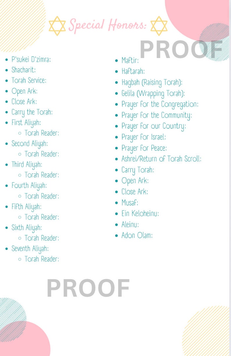 Bat Mitzvah Program Editable Template (pink, Yellow, Teal) Etsy