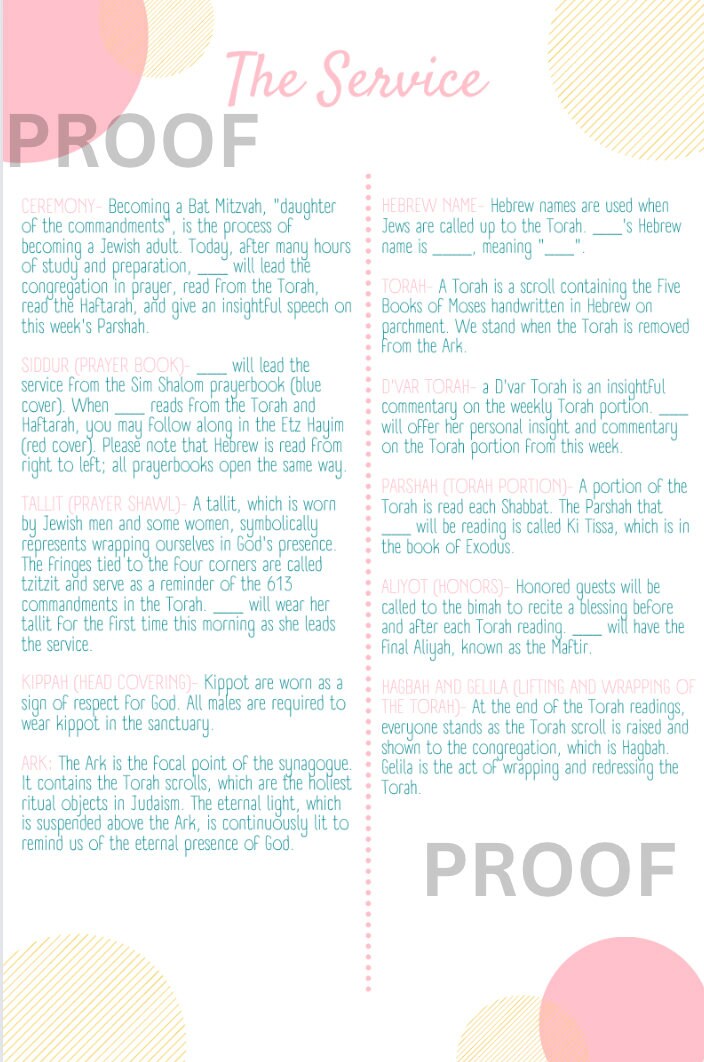 Bat Mitzvah Program Editable Template (pink, Yellow, Teal) Etsy