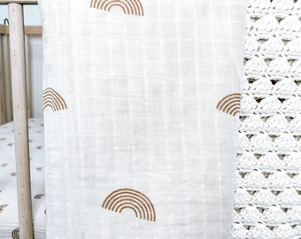 Muslin Swaddle Blanket -Boho Rainbow | Baby Blanket | Baby Shower Gift | Newborn | Earth Tones | Receiving Blanket