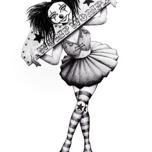 May include: A black and white illustration of a clown-like figure holding a sign that reads "TRAP WOMP". The figure is wearing a tutu, striped stockings, and star accents. The artwork has a whimsical, slightly gothic style.
