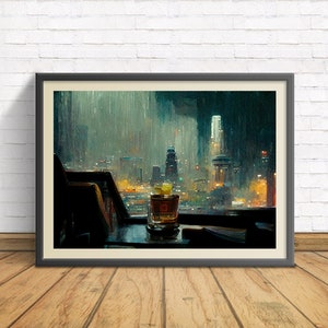 May include: Framed art print showing a city skyline at night in the rain. A glass of amber liquid with a lemon garnish is on a table. The artwork is in a black frame, evoking a moody atmosphere.
