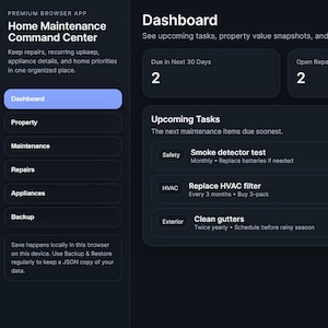 Aplicación Centro de Comando para el Mantenimiento del Hogar / Rastreador de Reparaciones, Registro de Electrodomésticos, Planificador de Mantenimiento y Herramienta de Copia de Seguridad