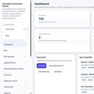 Life Admin Dashboard Browser App | Bills Calendar Renewals Planner | Household Organizer Digital Download