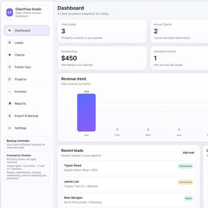 クライアントCRMダッシュボード｜ブラウザベースのリードクライアントプロジェクト＆請求書トラッカー｜ダウンロード可能なフリーランサービジネスオーガナイザー