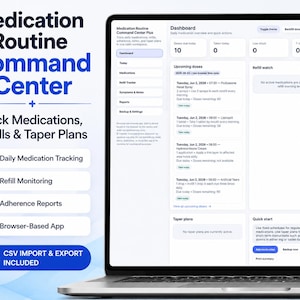 May include: A laptop screen displaying a Medication Routine Command Center Plus dashboard with sections for daily medication tracking, refill monitoring, adherence reports, and taper plans, featuring text lists of upcoming doses and refill watch status.