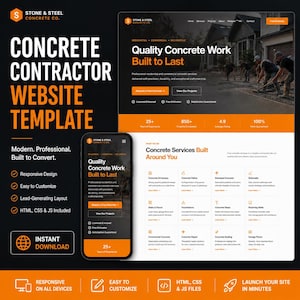 Puede incluir: Una plantilla de sitio web para un contratista de hormigón con un esquema de colores oscuro y naranja. El diseño muestra una vista de escritorio y una móvil, con secciones para servicios, galerías de proyectos e información de contacto.