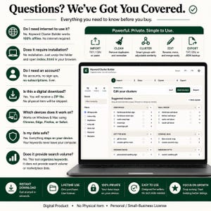 May include: A laptop displaying the Keyword Cluster Builder software interface, surrounded by informational text detailing features like offline functionality, no installation, no account requirements, and data privacy for this digital tool.
