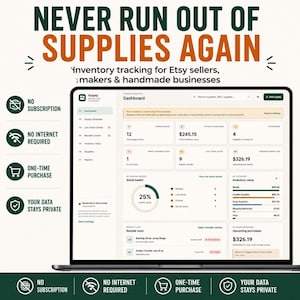 Könnte beinhalten: Ein Laptop-Bildschirm mit dem Supply Inventory Manager Dashboard für Etsy-Verkäufer. Die Benutzeroberfläche zeigt Bestandsmetriken, Lagergesundheit und Nachbestellungslisten. Text: NEVER RUN OUT OF SUPPLIES AGAIN.