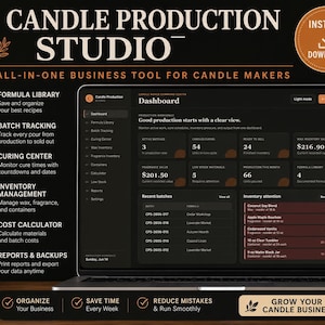 May include: A digital candle production studio dashboard displayed on a laptop screen. The interface features sections for formula library, batch tracking, curing center, inventory management, cost calculator, and reports, all in a dark theme.