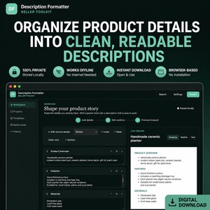 Description Formatter, Product Description Organizer, Browser-Based Seller Tool, Etsy Listing Description Editor, Offline Productivity App