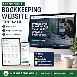 Könnte beinhalten: Eine professionelle Buchhaltungs-Website-Vorlage, dargestellt auf einem Desktop-Monitor, Tablet und Smartphone. Der Bildschirm zeigt Text, einschließlich Professional Bookkeeping Services for Growing Businesses, Easy to Edit, Responsive Design.