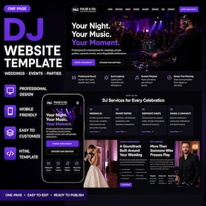 May include: A one-page DJ website template featuring a dark theme with purple accents. The layout displays a hero section with a DJ at a console, service categories for weddings and events, and a mobile-responsive view of the site interface.