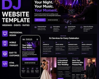 DJ Website Template HTML, One Page Wedding & Event D J Website for Mobile DJ Entertainment Business