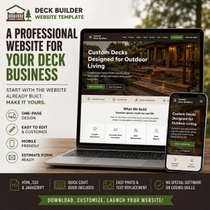 May include: A laptop and smartphone displaying a website template for a deck building business. The screen shows text including Custom Decks Designed for Outdoor Living, with icons for one-page design, easy editing, and estimate forms included.