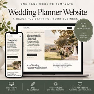 May include: A one-page website template for wedding planners displayed on a laptop and smartphone screen. The design features the text Ever After, Thoughtfully Planned, Beautifully Celebrated, and Your Wedding, Planned With Intention.