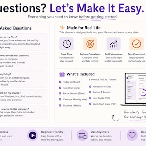 May include: A digital planner information sheet with a purple and white design. The sheet includes sections on frequently asked questions, features, and what's included. The text reads "Questions? Let's Make It Easy."