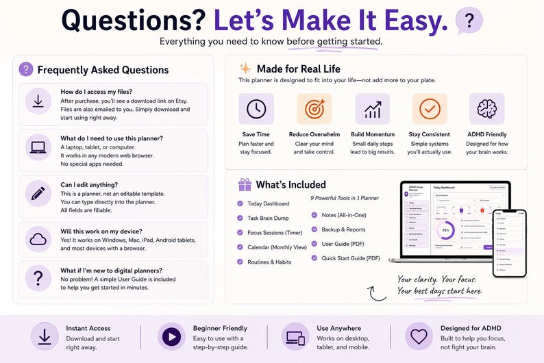 May include: A digital planner information sheet with a purple and white design. The sheet includes sections on frequently asked questions, features, and what's included. The text reads "Questions? Let's Make It Easy."