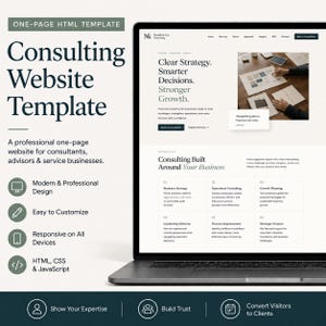 May include: A one-page HTML consulting website template displayed on a laptop screen. The design features dark text on a light background, including sections for business strategy, operations consulting, and growth planning for service businesses.
