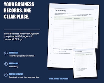 May include: A printable digital toolkit for small business financial organization featuring 16 PDF pages and 5 XLSX logs. The document includes an Income Log and Document Index with columns for date, customer, amount, and reference.