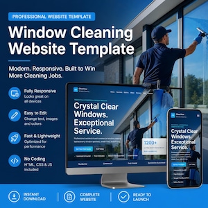 May include: A professional website template for window cleaning services displayed on a desktop monitor and a smartphone. The design features blue accents, text reading Crystal Clear Windows, Exceptional Service, and icons for responsive features.