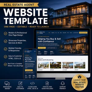 May include: A digital real estate agent website template displayed on a desktop monitor and a smartphone. The design features a dark blue color scheme, property listings, and text including "Harbor View Realty" and "Helping You Buy & Sell with Confidence."